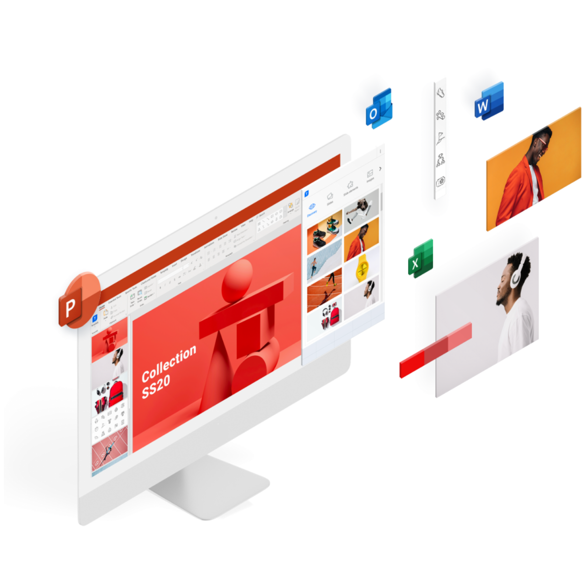 Graphic representing digital brand assets on a desktop screen
