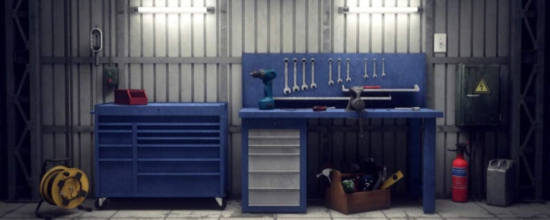 A blue and white toolset and tool bench