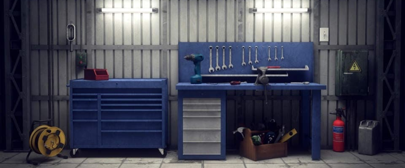 A blue and white toolset and tool bench