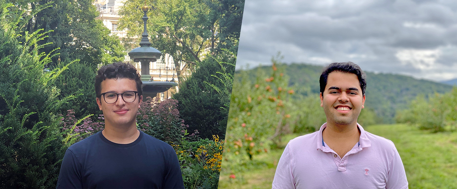 Two men posing for a picture in two different locations